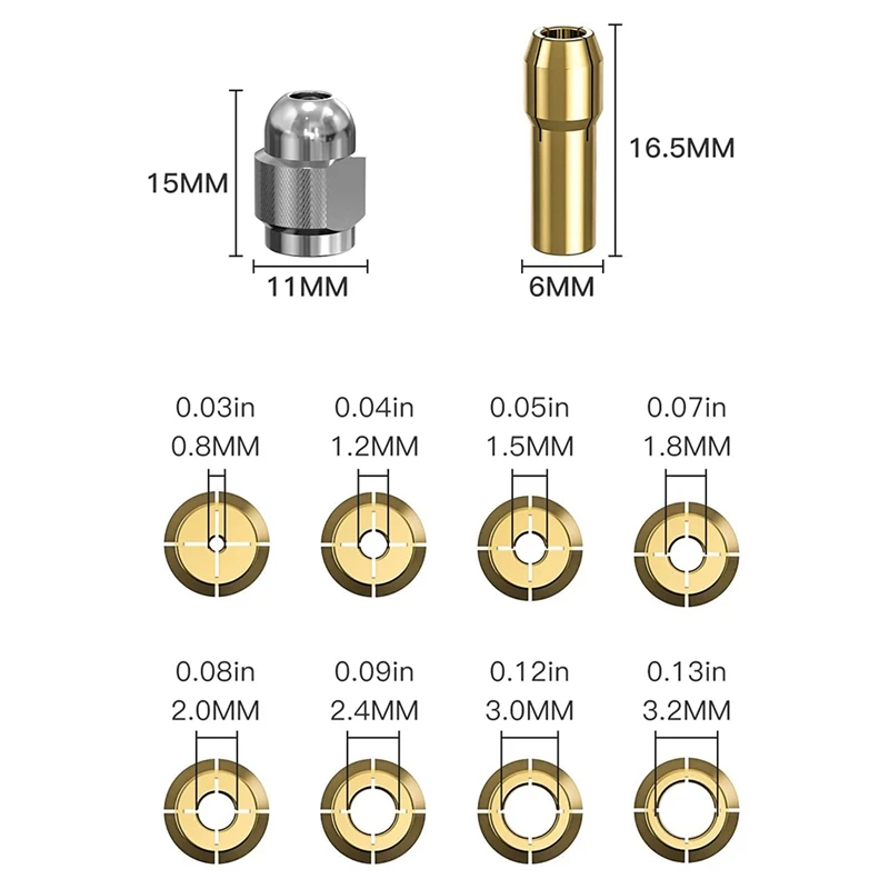 10Pcs Brass Collet for Dremel,Replacement 4485 Quick Change Rotary Drill Nut Tool Set 0.8/1.2/1.5/1.8/ 2.0/2.4/3.0/3.2mm