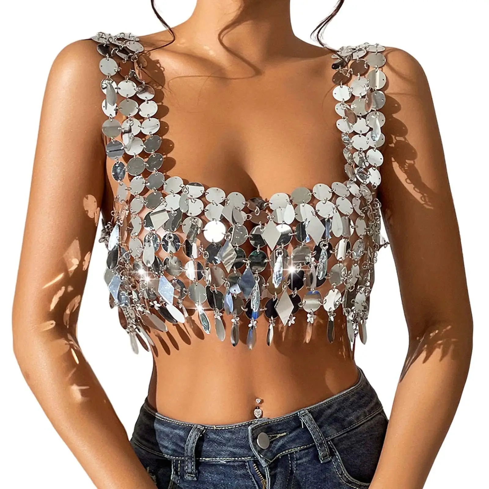 Sequins Crop Tank Top Shiny Spaghetti Strappy Dance Wear Glitter Bra Tops for Party Nightclub Beach Belly Dancing Halloween
