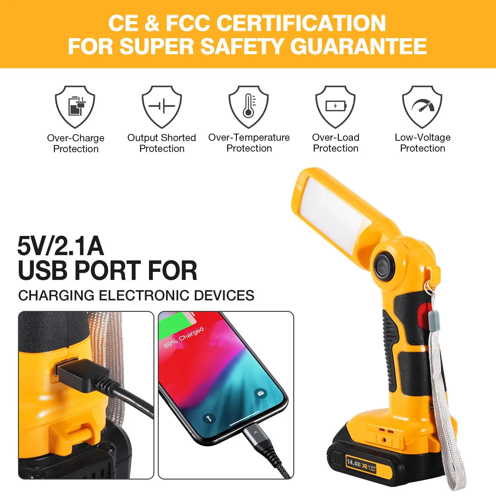 For Dewalt 20V Lithium Ion Batteries Led Work Light 1000LM Cordless Handheld Spotlight with USB Jobsite Light Desk Lamp Powered