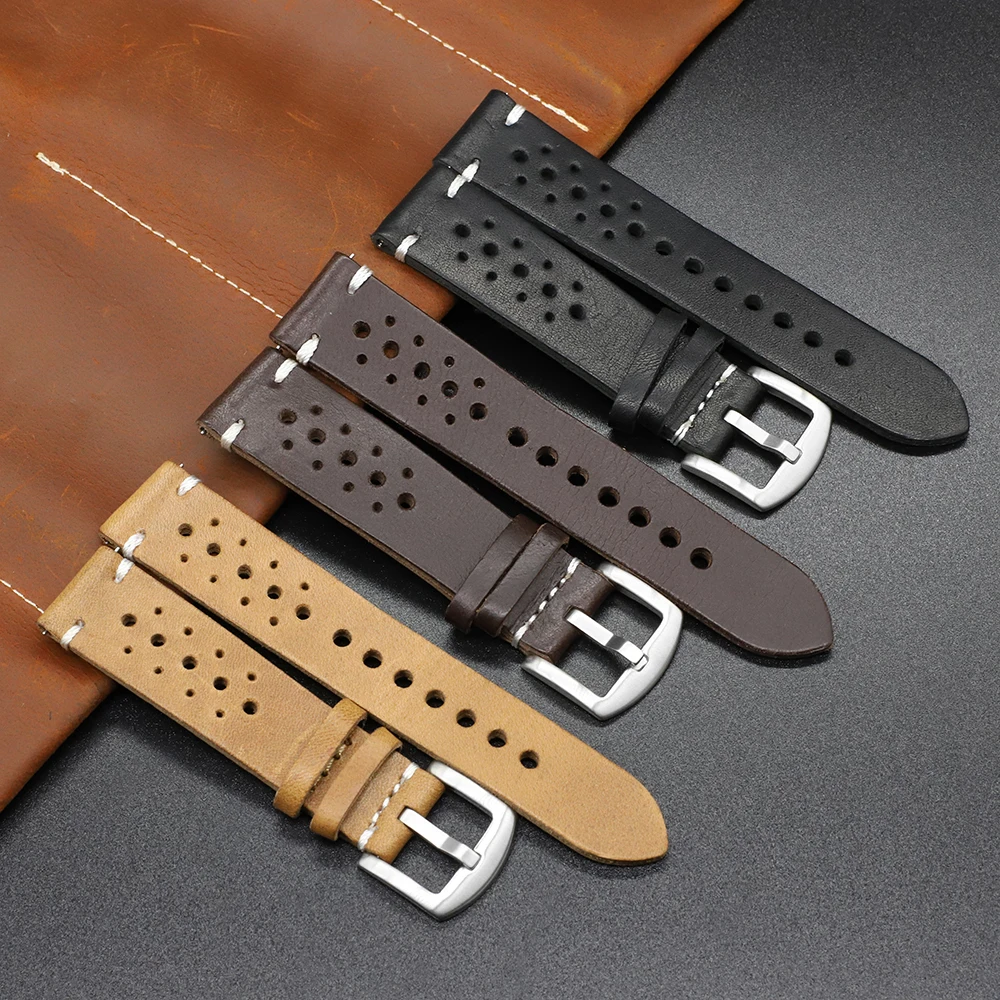 

Premium Vintage Genuine Leather Watchband Black Yellow Coffee 18mm 20mm 22mm 24mm Rally Watch Strap Replacement Bands for Men