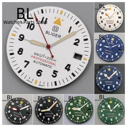 BLIGER Watch parts 29mm Pilot Watch Dial With Hands Black White Blue Green Dial C3 Luminous Fit NH34 NH35 NH36 Movement Modified