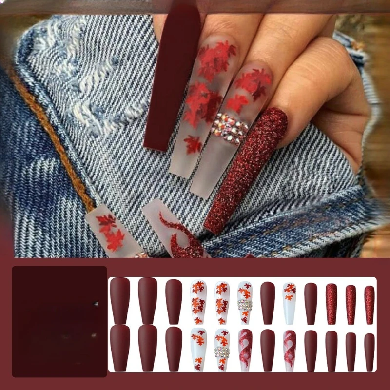 

burgundy maple leaf manicure flash diamond flame decoration, cool Sa personality spice girl wears armor