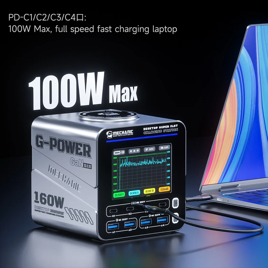 MECHANIC G-POWER Series 115W/160W Desktop Super Fast Charging Station Type-C USB Port 15W PD QC3.0 GaN Wireless Charging Support