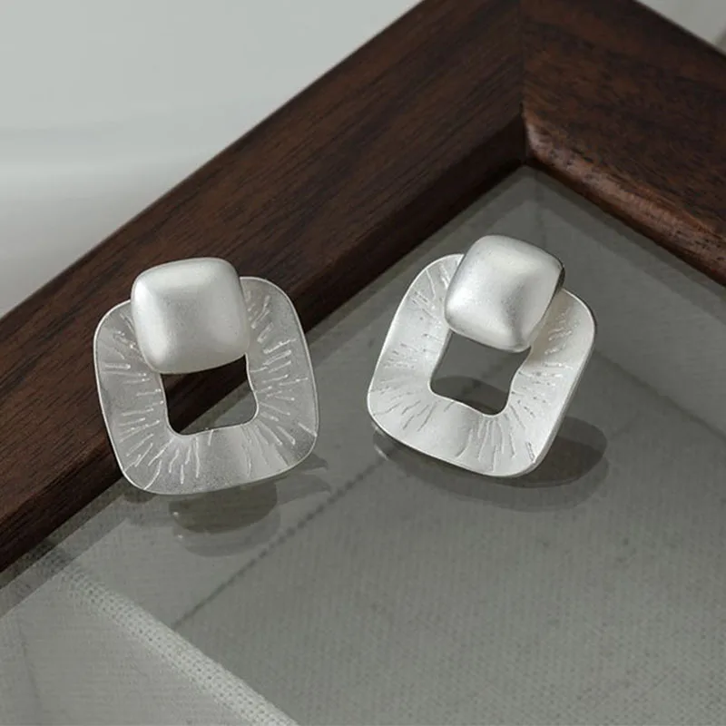 100% 925 Sterling Silver Geometric Earrings for Women Girl Square Hollow Out Design Frosted Jewelry Birthday Gift Dropshipping