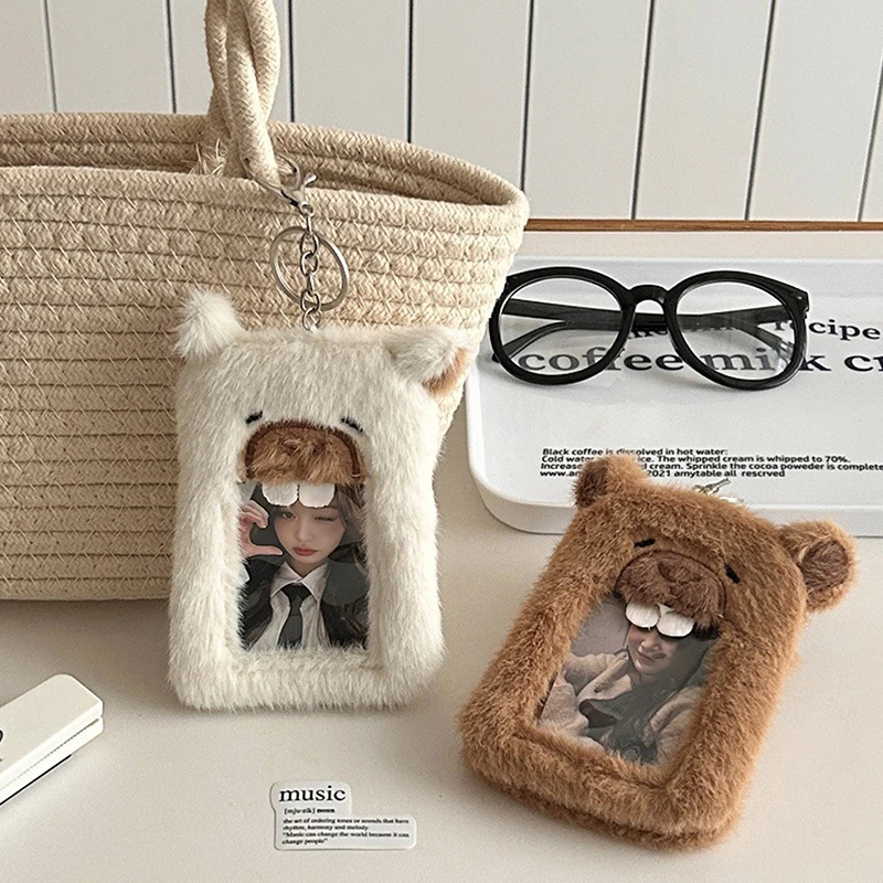 

INS Cute Capybara Plush Photocard Holder Korean Idol Photo Sleeve Protective Case Student ID Card Cover With Keychain Pendant