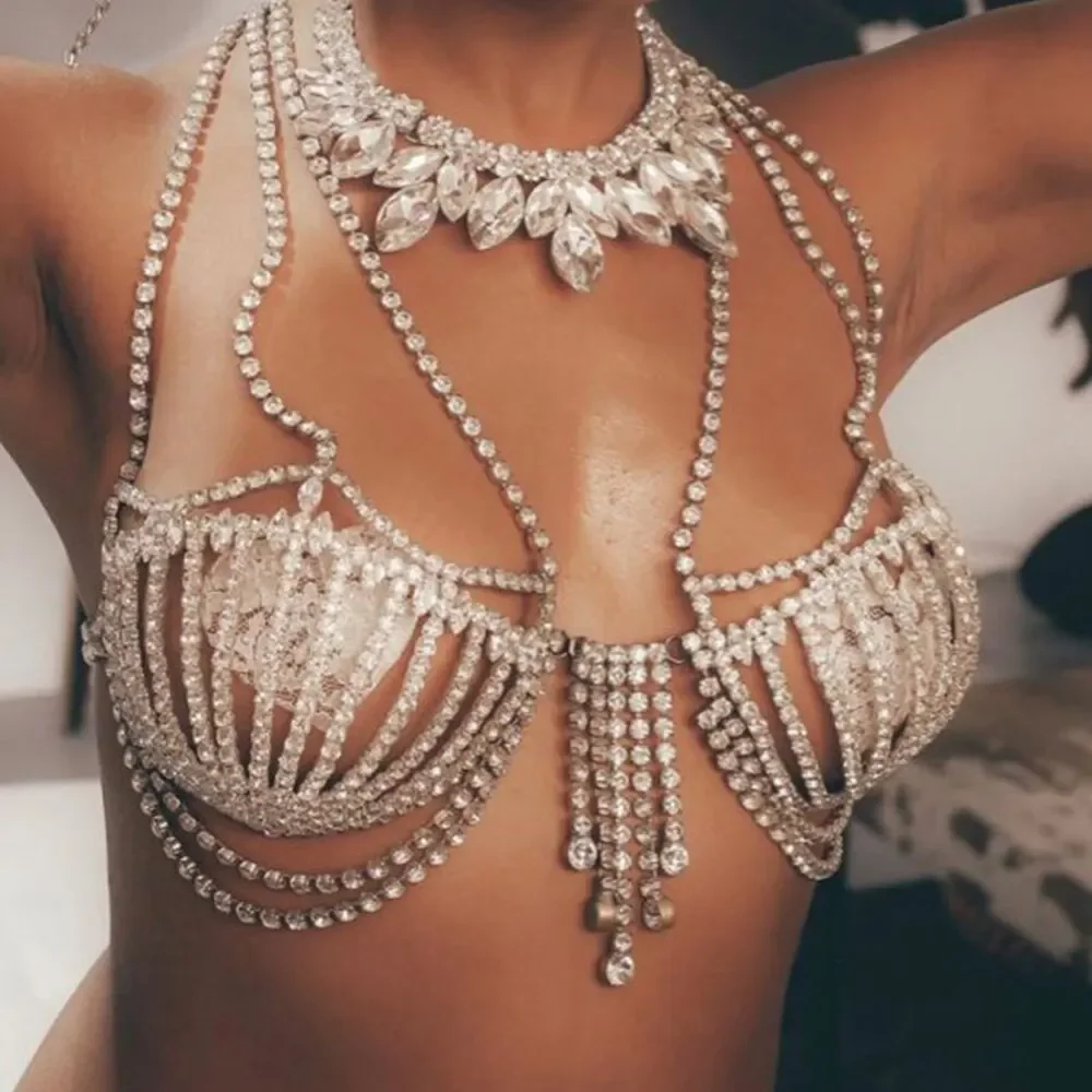 Stonefans Fashion Bikinis Rhinestone Bra Chain Chest Accessories Nightclub Clothing Festival Crystal Body Jewelry Top for Women