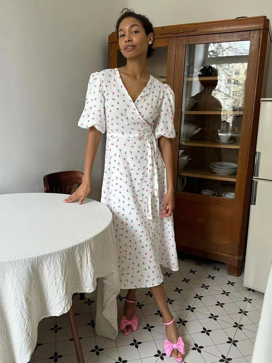 Stampato V-ne Bubble Sve ort-sved Dr Vita alta A-line Cotton Summer Dr per le donne Abbigliamento quotidiano Casual Dr