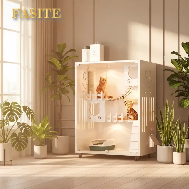 For Modern LED Enclosed Cat House Breathable Luxury White Pet Furniture with Wooden Top Animal Pattern Indoor No Assembly