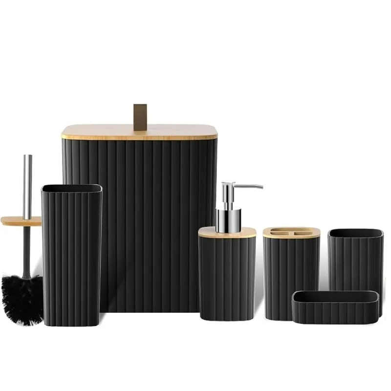 Black Bathroom Accessories Set, 6PC Bathroom Accessory Set, Bathroom Sets with Toilet Brush, Trash Can & Soap Dispenser