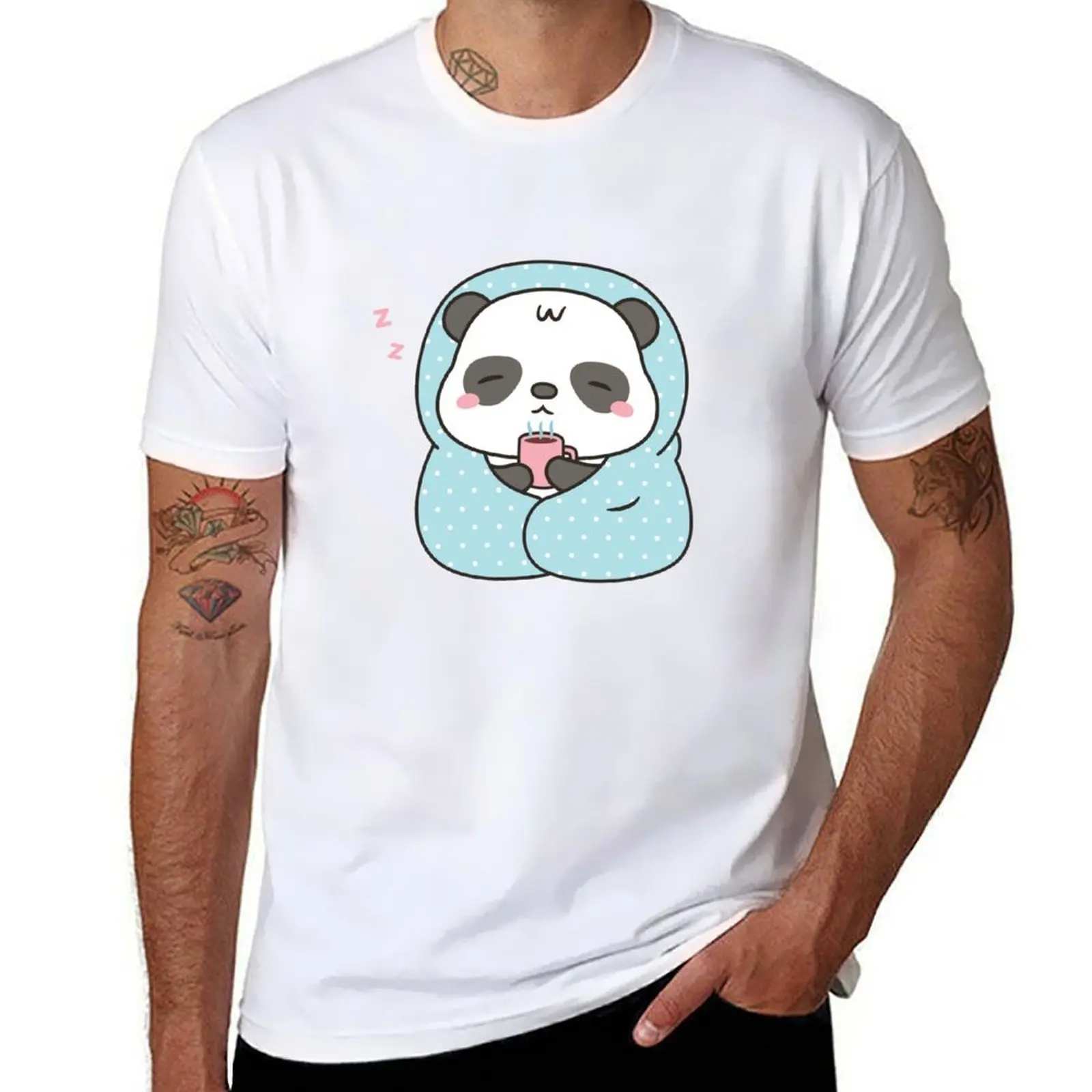 

Cute Sleepy Little Panda With Coffee and Blanket T-Shirt t shirts for man cotton funny t shirts for man pack white T-Shirt