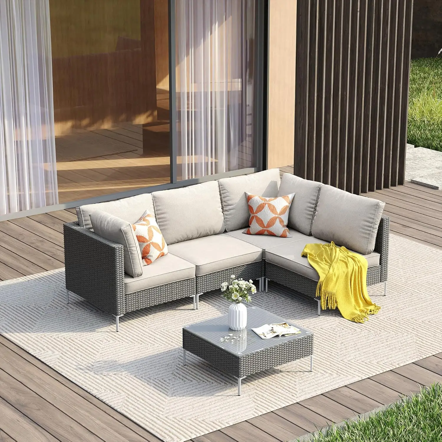 

5 Pieces Patio Conversation Set, Cushioned Outdoor Furniture Set of 5, Wicker Outdoor Sectional Sofa Set with Glass-top Table