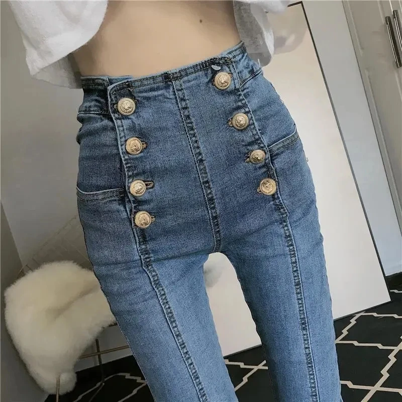 Jeans jeans estilo botão rebites coreanos femininos, calça de cintura alta, calça elegante e skinny, lápis elástico apertado para meninas, 2023