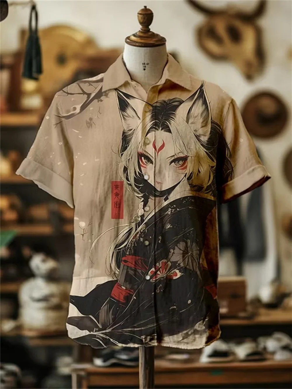 Millennium Fox Women's Pattern Men's Retro Beige Collar Buckle Short Sleeve Shirt Holiday Beach Casual Shirt