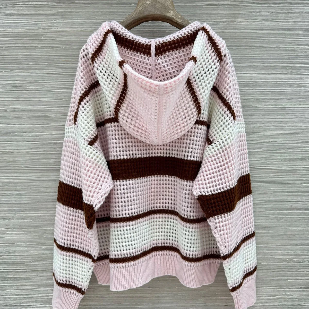 High Quality Women Striped Hollow Out Knit Hoodie Zip‑Up Drawstring Loose Drop Shoulder  lyt2680632Knitted Cardigan Outerwear