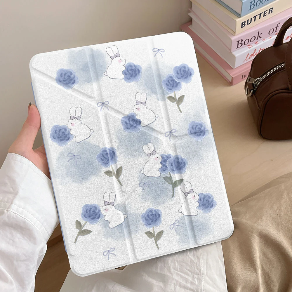 Ins Blue Flower White Rabbit Y2K Y-Fold Cover For iPad Pro 13 11th M5 M4 12.9 A16 10 8 7 9th 10th Air 11 M2 M3 Mini Tablet Case
