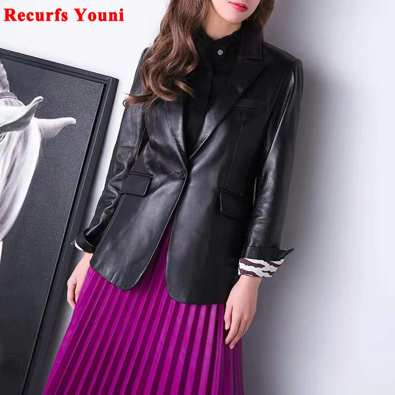 Genuine Leather Jacket Women Spring Stylish Feminino Slim Casual Suit Coat Mujer Long-Sleeved One Button Pocket Capable Blazer