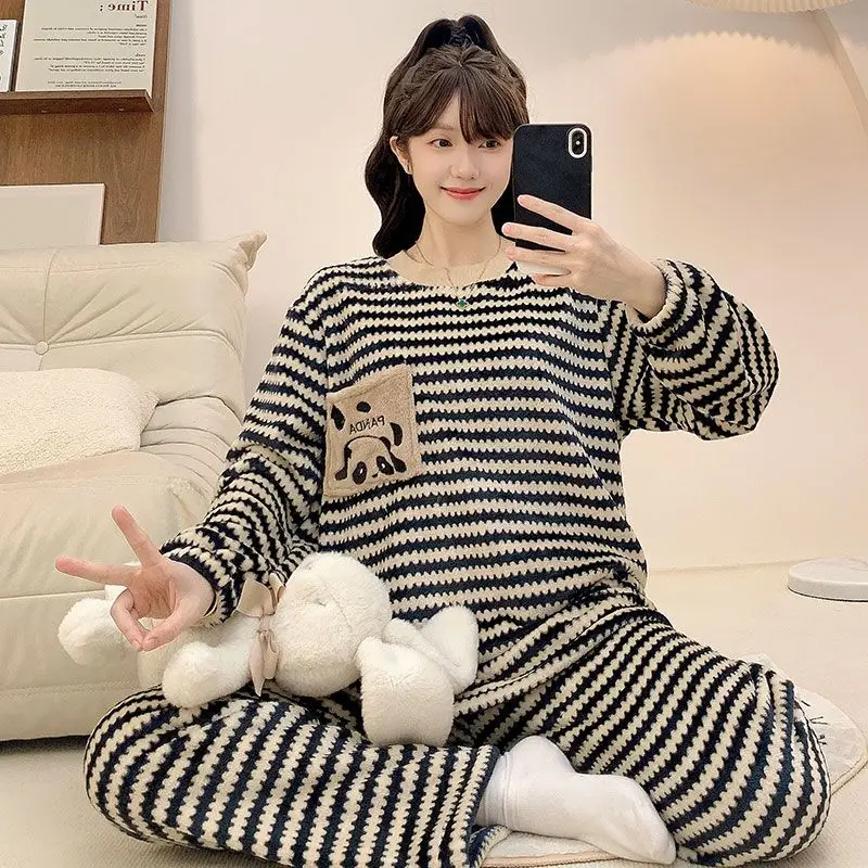 

M-5XL Plus Size Winter Pajamas Set Women's Korean Cartoon Stripes Two Pieces Set Flannel Thickened Loungewear Coral Fleece Pjs