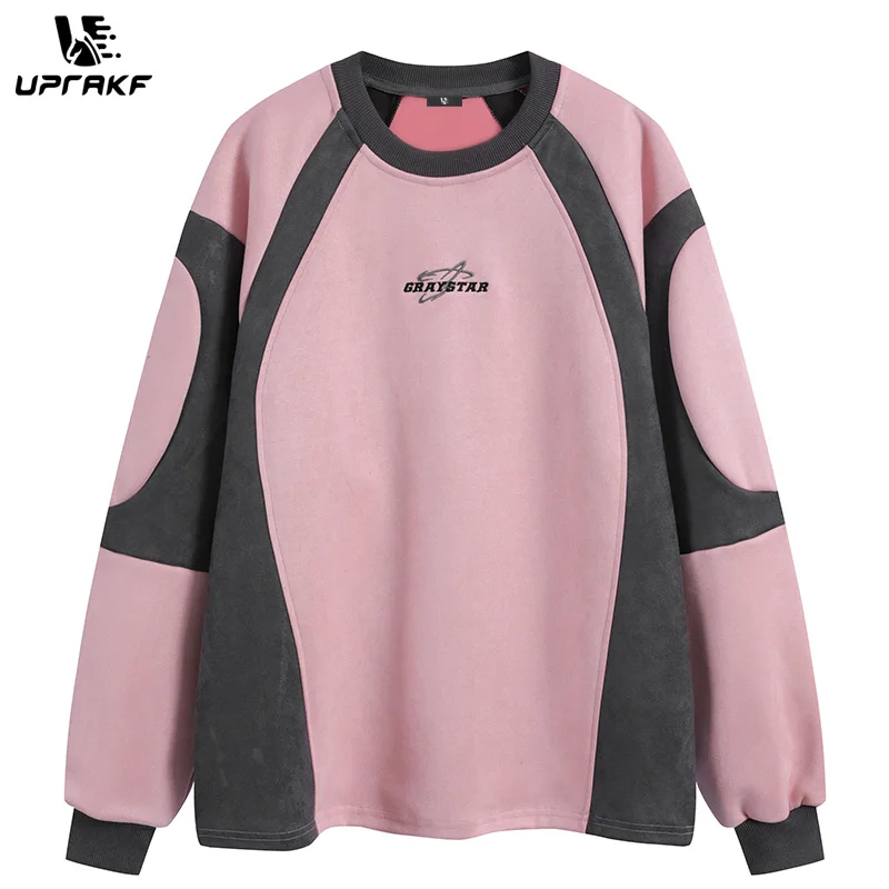 

UPRAKF Streetwear Hoodie Patchwork Graphic Pullover Retro Suede Tops Pink Long Sleeve Harajuku High Quality Men's And Women's