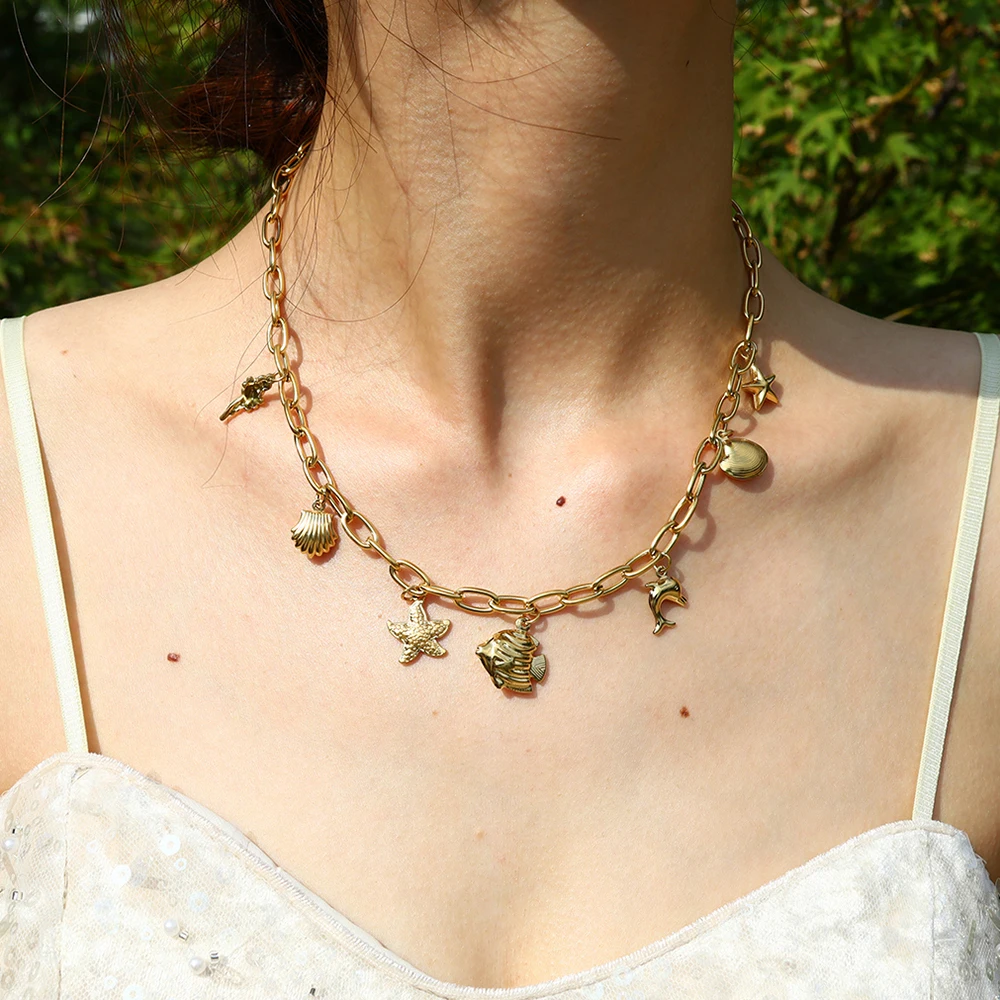 WILD & FREE Collar colgante de la serie marina dorada de 18k joyas de estilo hip - hop punk de cadena gruesa para mujeres