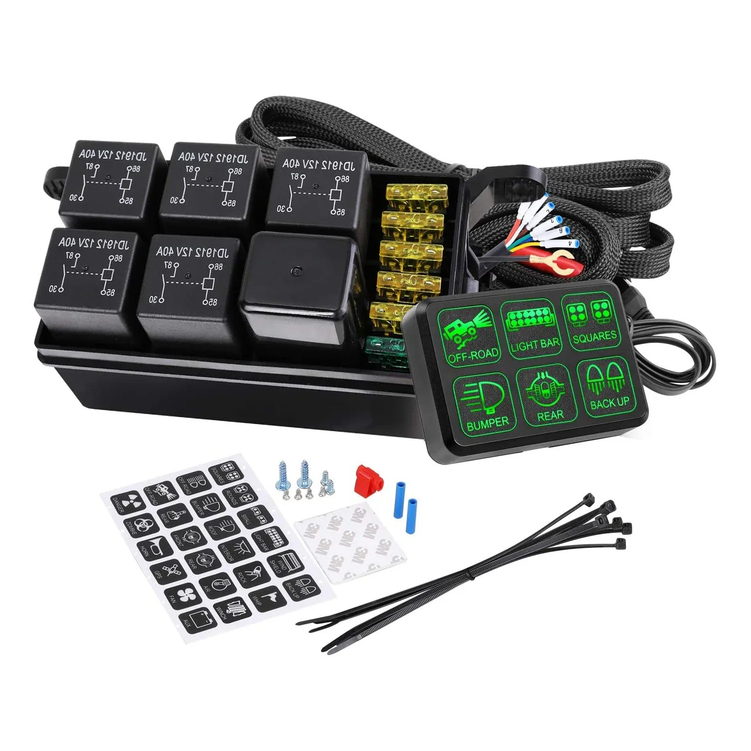 

6 Gang Car Dimmable Green LED Electronic Relay System Box Circuit Control Box Touch Universal Switch Panel For Truck SUV Auto