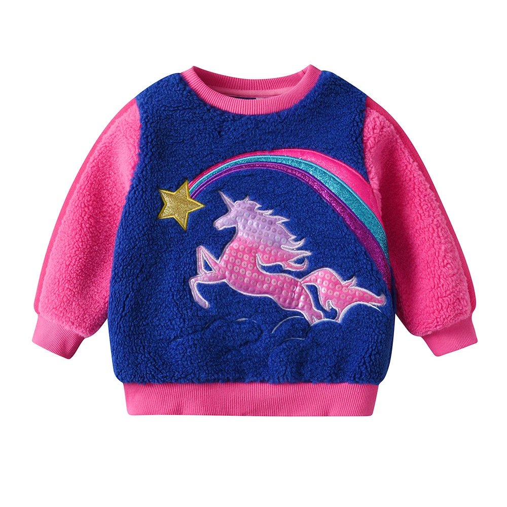 DXTON Toddlers Girls Fleece Sweatshirts Autumn Winter Thick Children Tops Rainbow Print Sport Tops Unicorn Kids Clothing  3-12Y