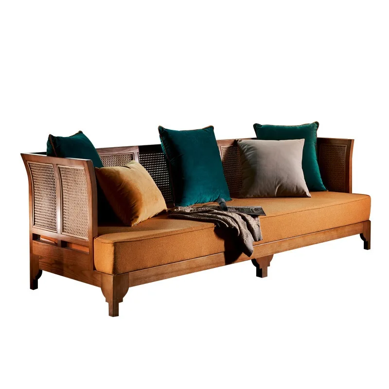 Japanese-style solid wood rattan sofa, double triple rattan sofa combination in the living room of the bed and breakfast