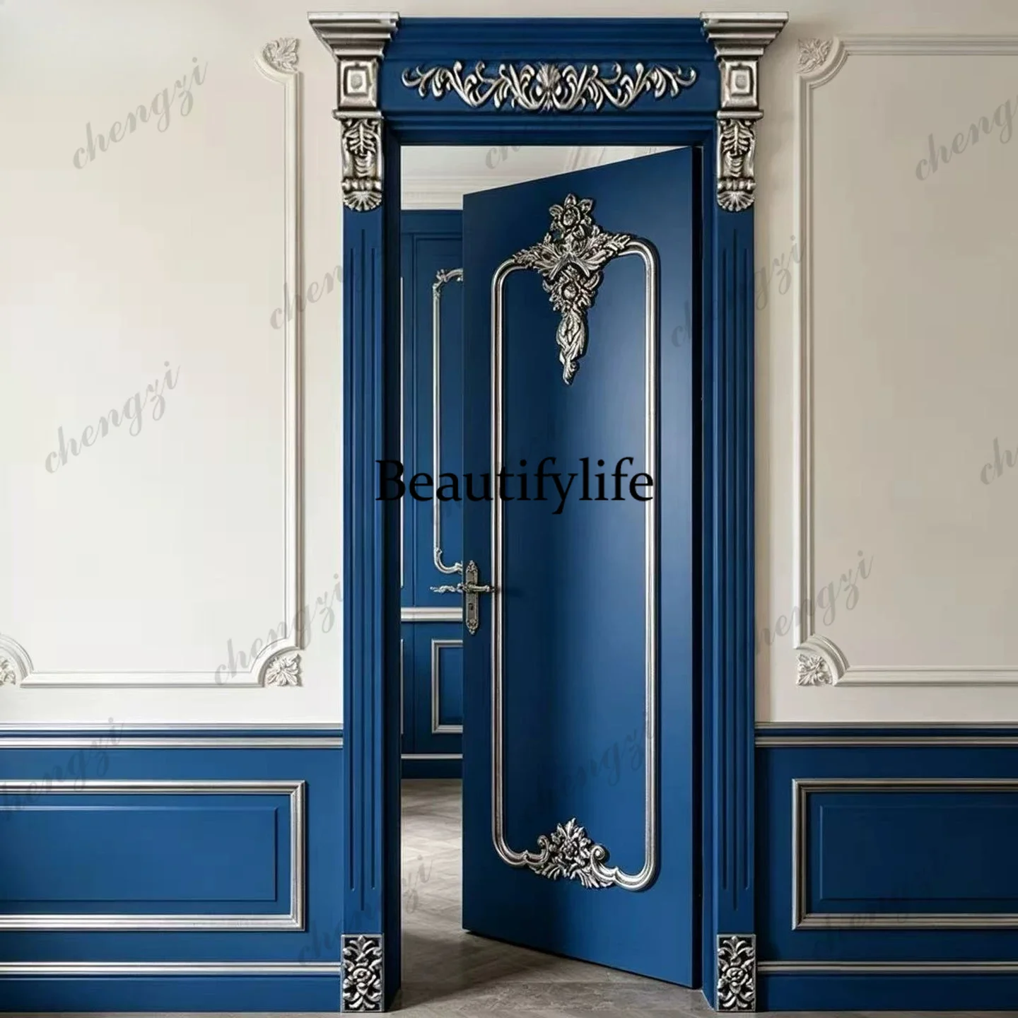 Villa carved interior custom white luxury drawing gold silver blue green solid wood multi-layer casement bedroom home paint door
