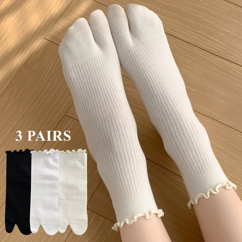 

3 Pairs High Quality Cotton Two Fingers Socks Women Ruffles Toe Socks Spring Summer Crew Socks Middle Tube