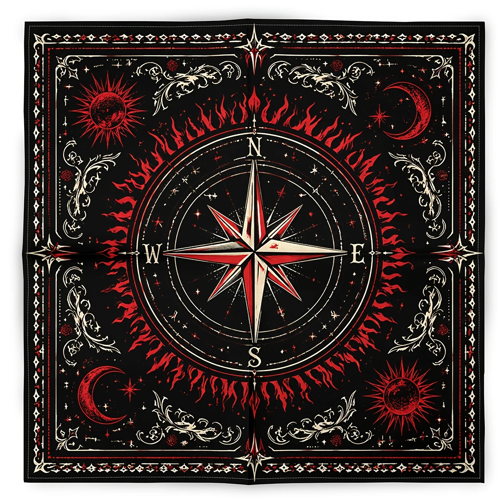 Vintage Celestial Compass Rose Tablecloth Black Red Astrology Zodiac Sun Moon Witchy Bohemian Decor 60x60cm