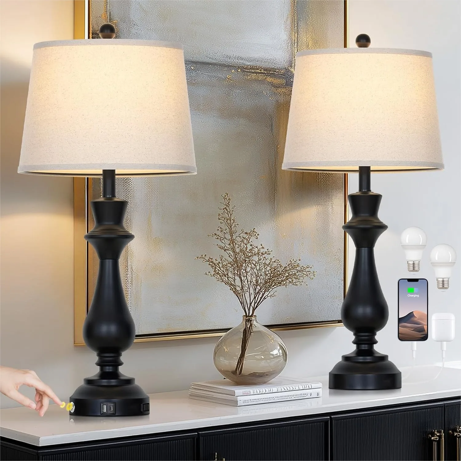 

Modern Black Table Lamps Set of 2 for Living Room, 30" Tall Bedside Lamp with USB Charging Port, 3-Way Dimmable Touch Nightstand