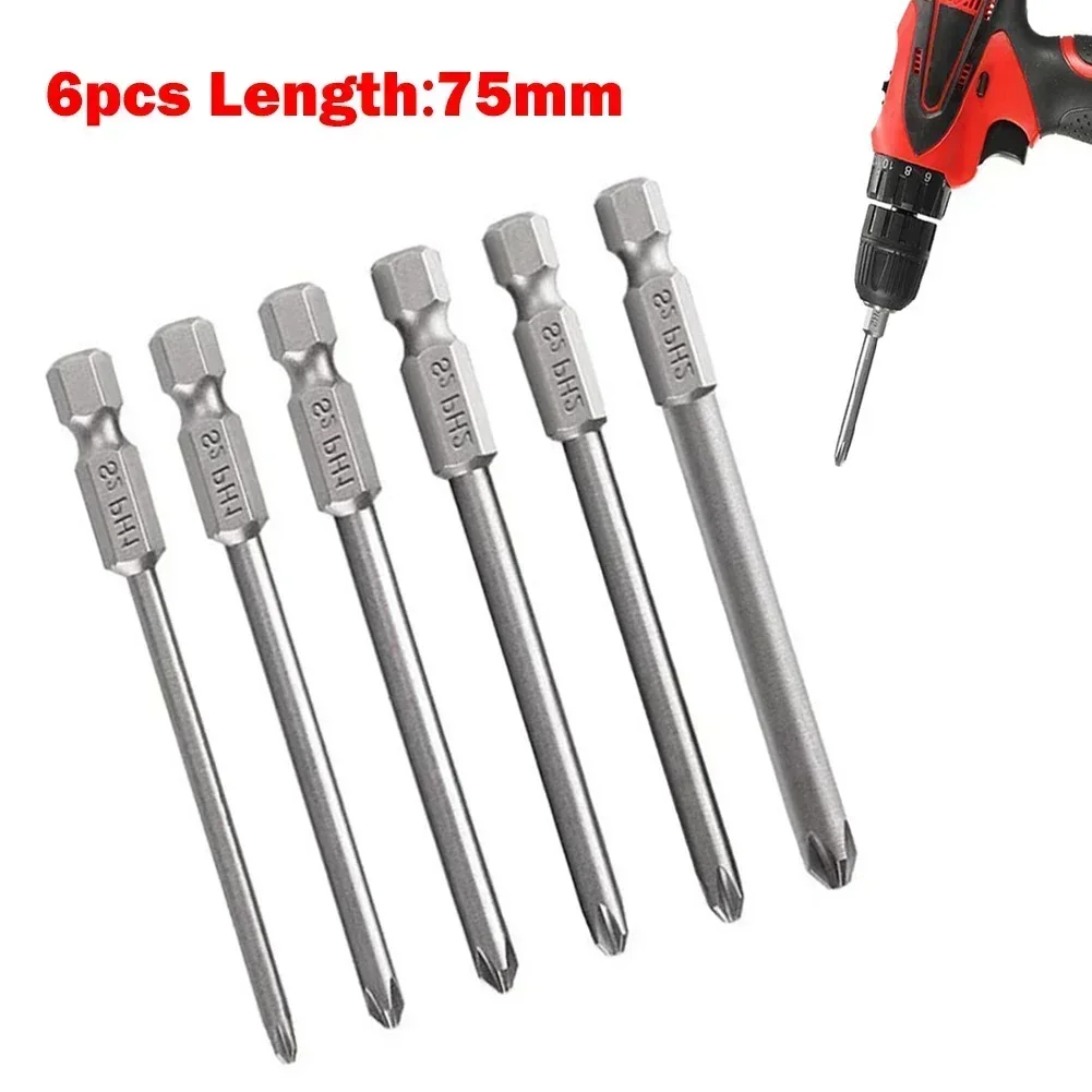 6Pcs Non-Slip Magnetic Batch Head Phillips/Cross Screwdriver Drill Bits  1/4\'\' Hex Shank 75mm Long Alloy Steel PH1 PH2