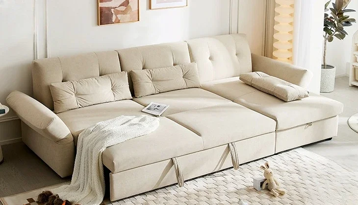 Small-sized straight-row living room fabric sofa bed modern simple storage cream wind small