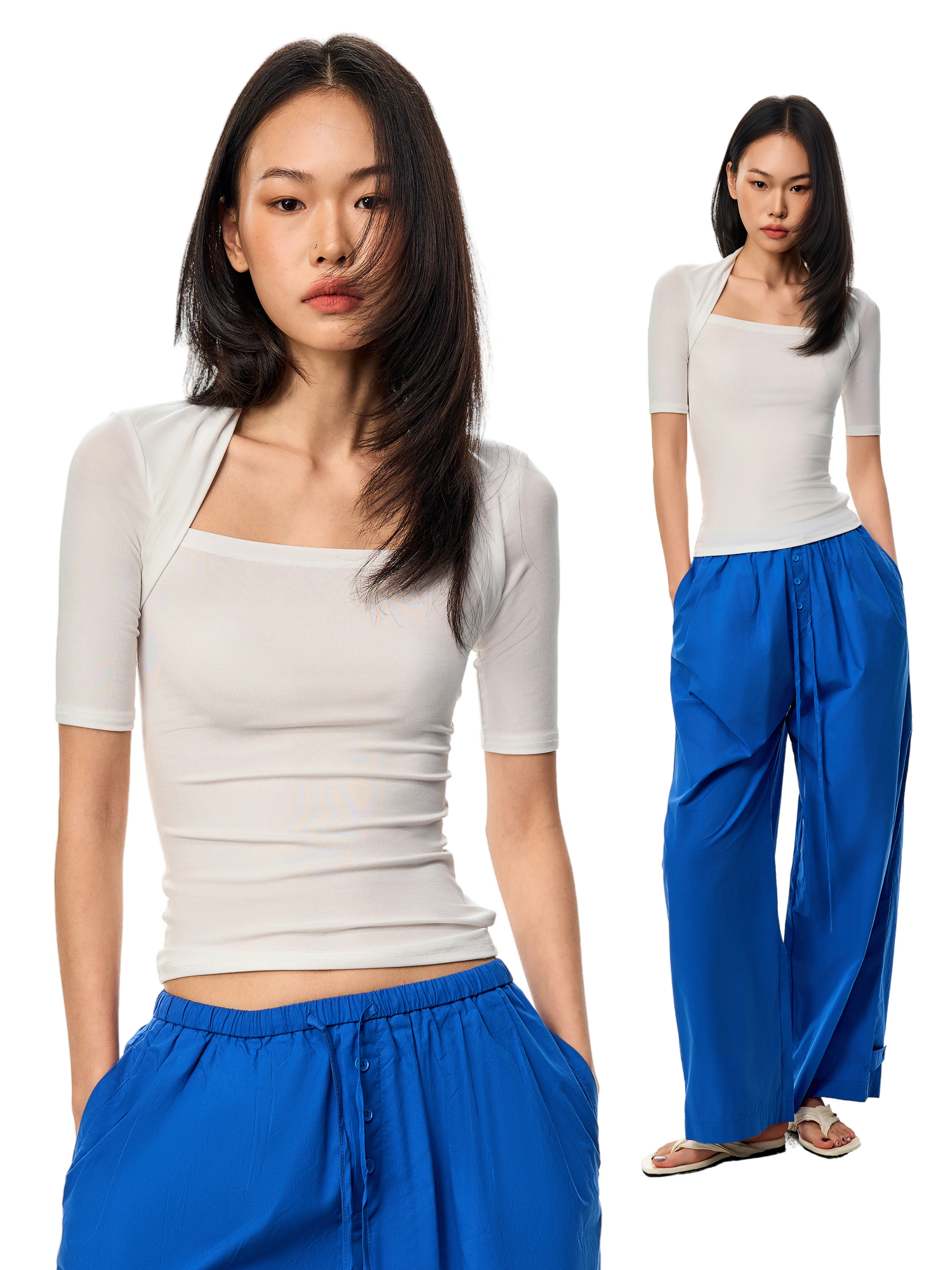 American Style Women's T-shirt GOGO BURN V-neck Short Sleeve Silk Five-belted Design Casual Slim Fit Autumn New Arrival