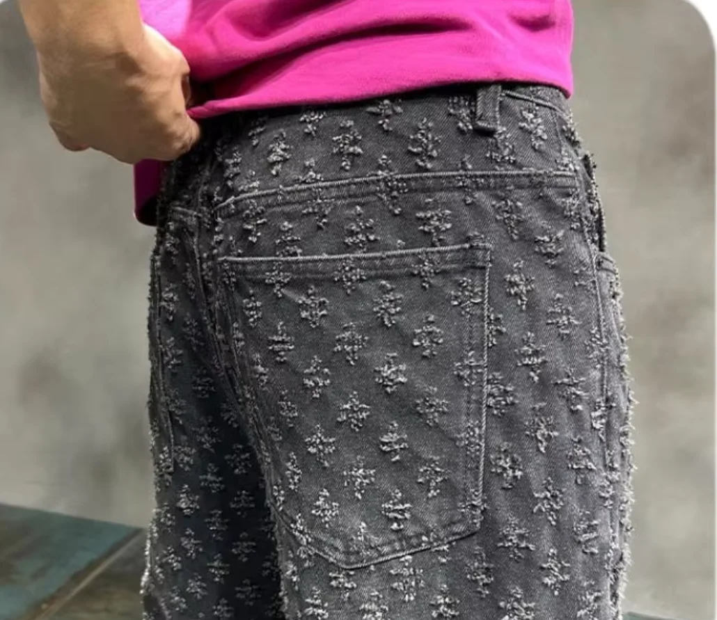 Fashion Casual Summer Light Blue Distressed Men Denim Shorts Smart Straight Leg Loosen Male High Street Niche Design Tide Shorts