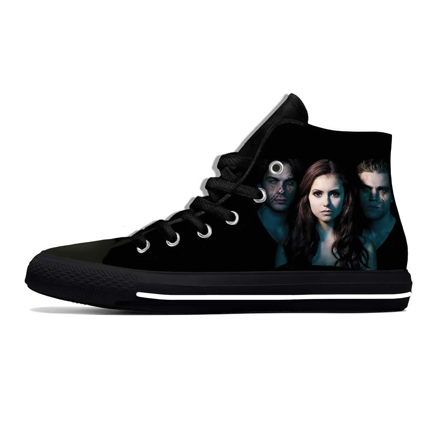 Anime Dos Desenhos Animados The Vampire Diaries Damon Salvatore Sapatos de Pano Casuais High Top Leve Respirável 3D Impressão Das Mulheres Dos Homens Sneakers