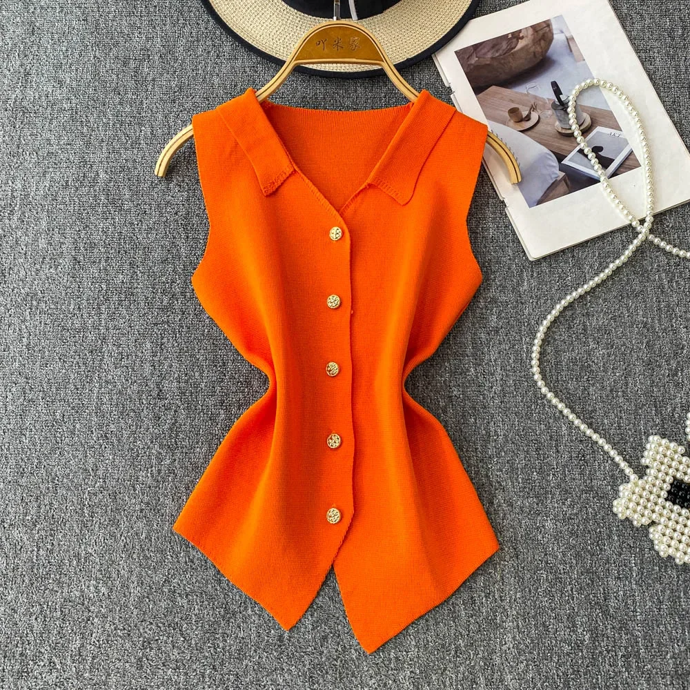 Chaleco frontal con botones dorados para mujer, chaleco de punto ajustado sin mangas con cuello en V y temperamento francés