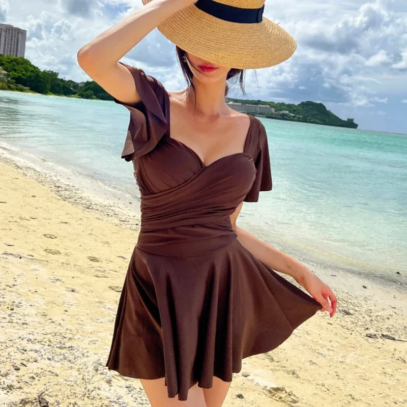 wisuwore 2023 Korean Swimsuit Women One Piece Wrinkle Sweet Short Sleeves Swimwear High-Waisted Solid Hot Spring Swimsuit