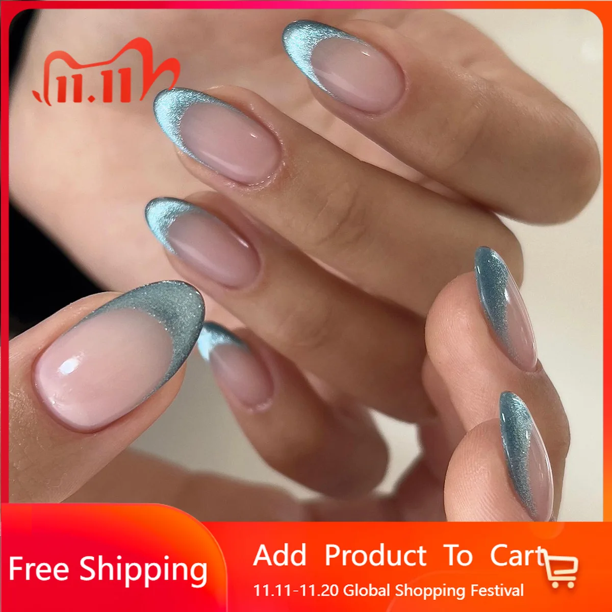 

24Pcs/set Almond Press-On French Nail Tips Green Cat Eye False Nails Simple&Elegant Wearable Nail Art for Women&Girls Daily Wear