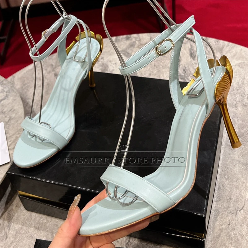 Sandali con tacco strano petaloide individuale donna scarpe da festa in stile conciso con un cinturino in vera pelle estate