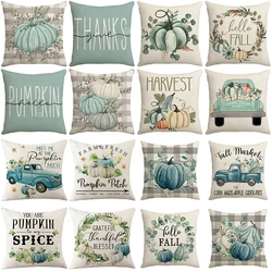 Give Thanks Harvest Pumpkin Plaid Pillow Cover Linen Blue Pillowcase Cushion Covers For Sofa Office Bedroom Decor Festive Goods