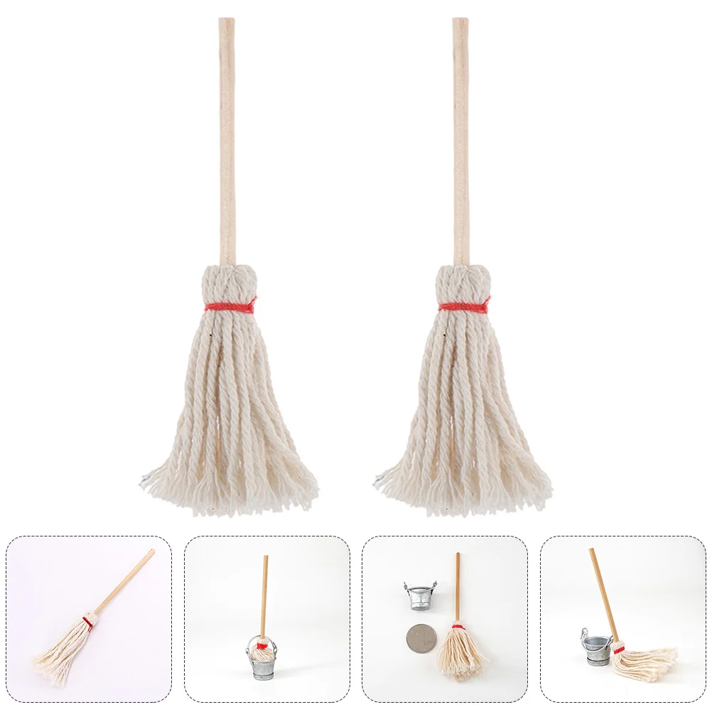 2 pçs algodão mop brinquedo esfregões ornamento manual casa mini brinquedos em miniatura micro paisagem decoração criança