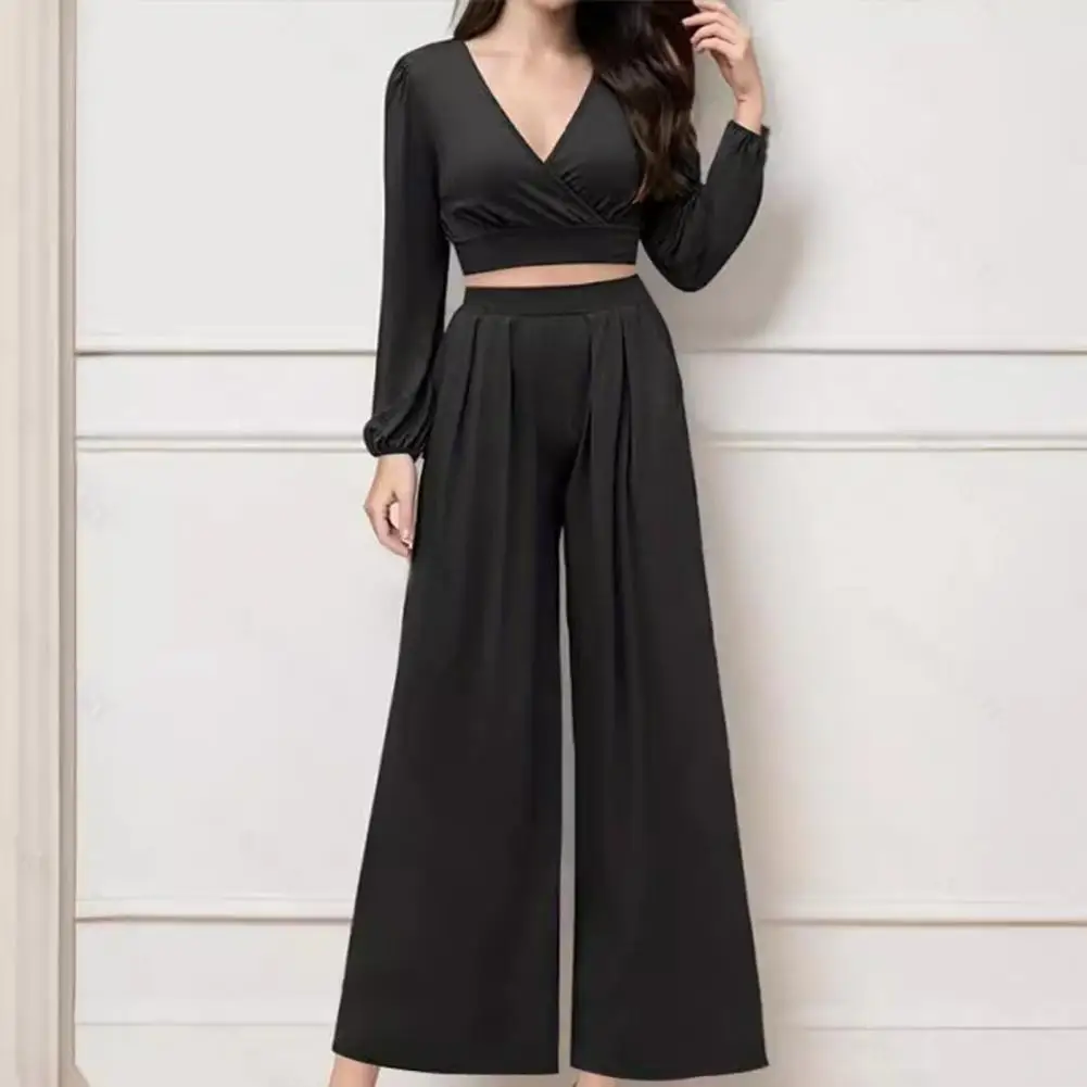 Wide Leg Pants Elegant Women's Top Pants Set with Wide Leg Trousers V Neck Top Long Sleeves for Office Wear Daily Outfits Lady