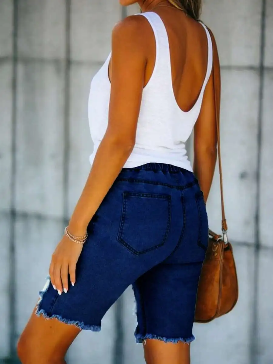 

Womens Distressed Raw Hem Denim Shorts Mid-Rise Stretch Skinny Fit Elastic Waist