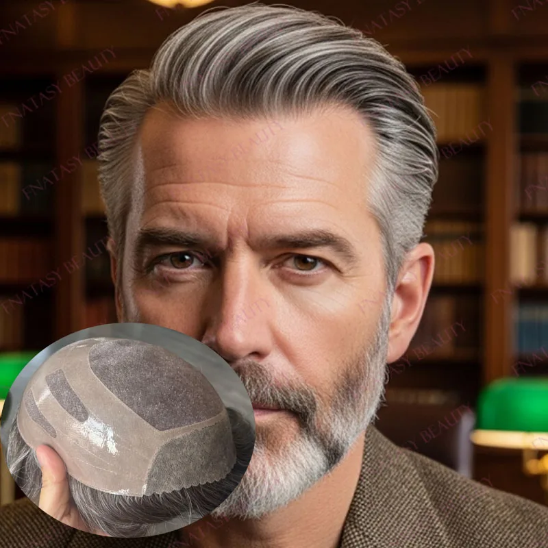 Super Strong Bond NPU Mono Base Old Men's 100%Human Hair Wigs Replacement #440#540 Brown Grey Hairpieces Natural Hairline Toupee