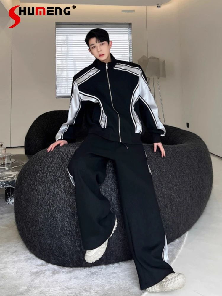 

Осенние модные комплекты в полоску контрастного цвета 2024, мужские толстовки, топы с подкладкой на плечах, спортивные стильные трендовые брюки, комплекты из двух предметов