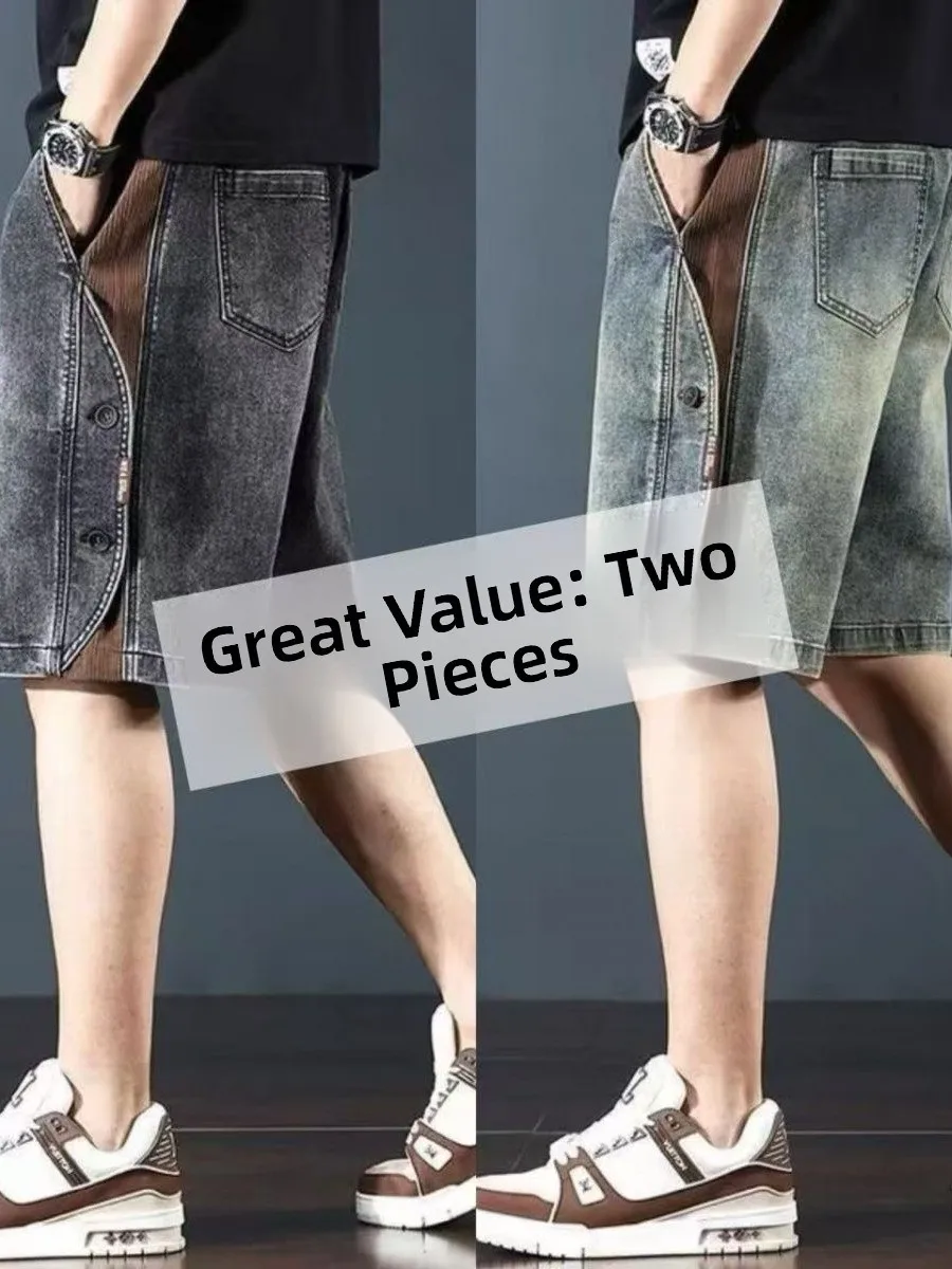 American Retro Men's Denim Shorts Casual Patchwork Five-Point Pants Loose Fit Summer New Style Heavy Washed Mid-Calf Length