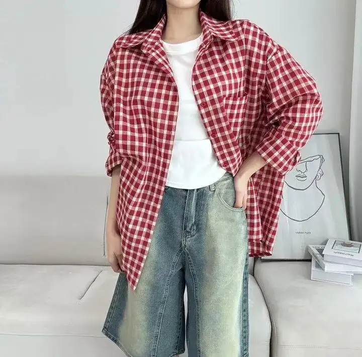 SuperAen Korean-style 2026 Summer New Oversized Plaid Shirts for Women Long Sleeves Casual Sun-protective Simple Vintage Shirts