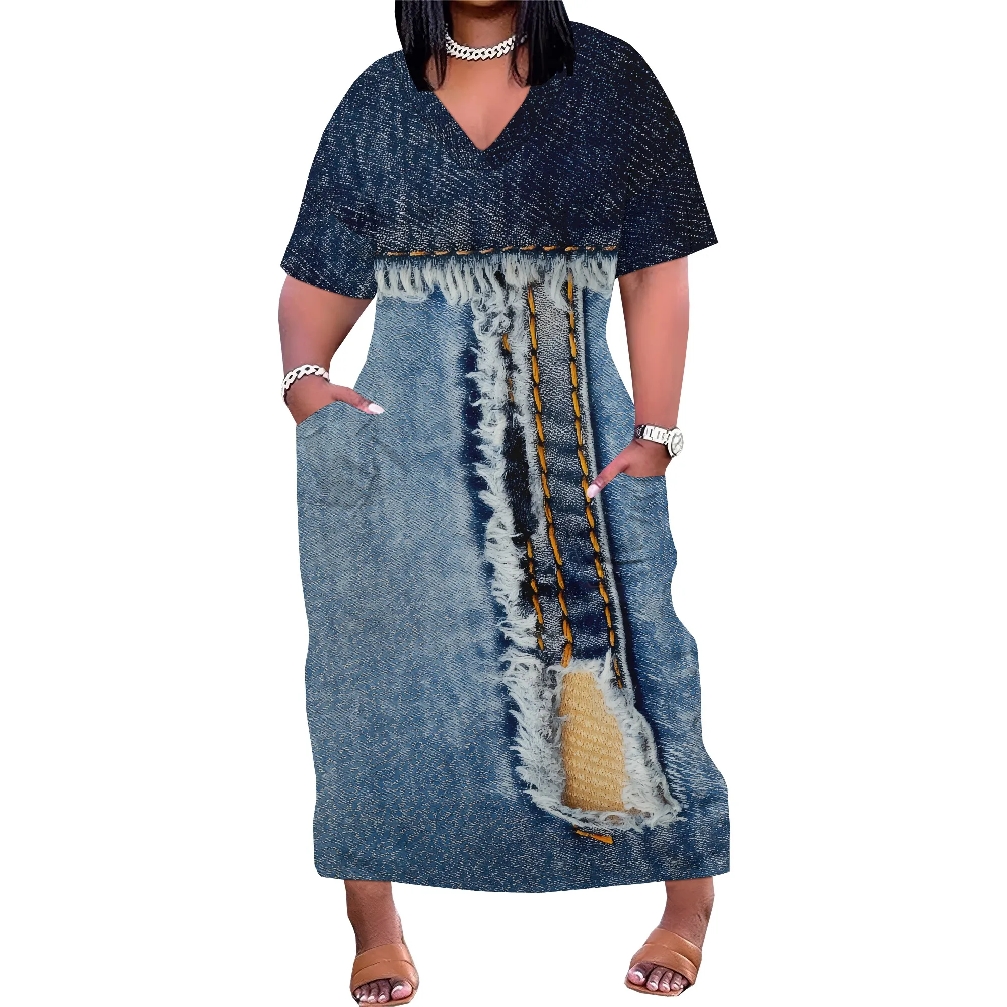 여성용 폴리에스터 데님 스타일 찢어진 맥시 드레스 블루 슬릿 캐주얼 페스티벌