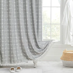 Jacquard Linen Shower Curtain with Tassels Nordic Waterproof Thick Bath Curtains for Bathroom Bathtub Bathing Cover with Hooks