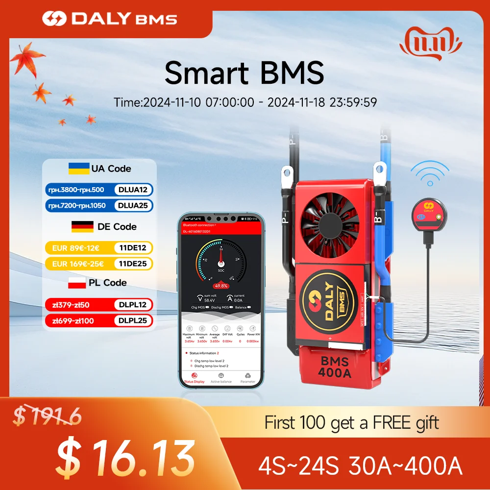 DALY-batería de iones de litio BMS 4S, 8S, 12S, 10S, 13S, 14S, 16S, 17S, 20S, 24S, 60A, 80A, 100A, 150A, 200A, 600A, Lifepo4